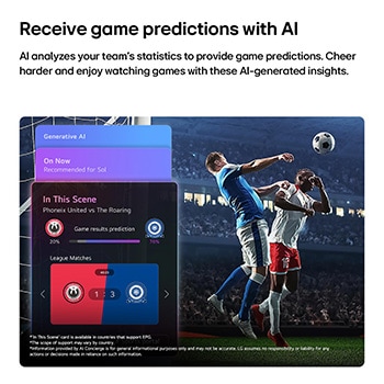 LG QNED evo AI QNED75 Mini LED Sports Forecast by AI Concierge displays a live soccer match with an on-screen AI panel presenting predictions, game insights, and league data, suggesting how AI analyzes gameplay to forecast match outcomes. 